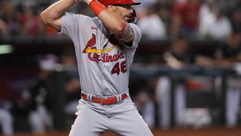 iJul 24, 2023; Phoenix, Arizona, USA; St. Louis Cardinals first baseman Paul Goldschmidt (46) bats against the Arizona Diamondbacks during the first inning at Chase Field. Mandatory Credit: Joe Camporeale-USA TODAY Sports