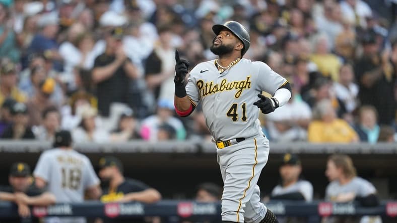 Jul 24, 2023; San Diego, California, USA;  Pittsburgh Pirates first baseman Carlos Santana (41) reacts to his two run home run against the San Diego Padres during the third inning at Petco Park. Mandatory Credit: Ray Acevedo-USA TODAY Sports