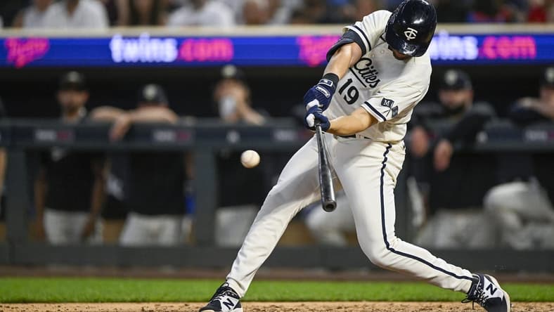 Jul 24, 2023; Minneapolis, Minnesota, USA; Minnesota Twins infielder Alex Kirilloff (19) hits a double against the Seattle Mariners during the ninth inning at Target Field. Mandatory Credit: Nick Wosika-USA TODAY Sports