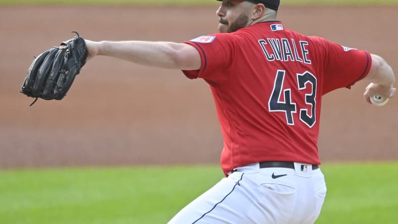 Jul 25, 2023; Cleveland, Ohio, USA; Cleveland Guardians starting pitcher Aaron Civale (43) delivers a pitch in the first inning against the Kansas City Royals at Progressive Field. Mandatory Credit: David Richard-USA TODAY Sports