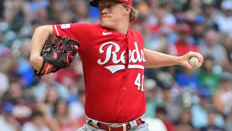 Jul 25, 2023; Milwaukee, Wisconsin, USA; Cincinnati Reds pitcher Andrew Abbott (41) pitches against the Milwaukee Brewers in the first inning at American Family Field. Mandatory Credit: Benny Sieu-USA TODAY Sports