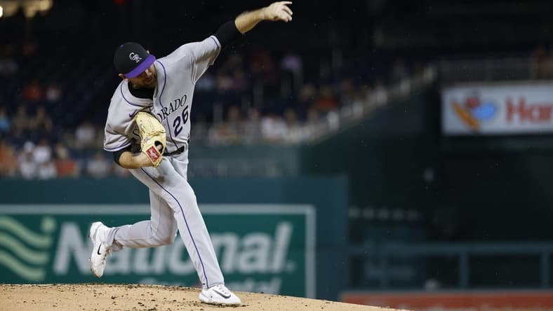 Jul 25, 2023; Washington, District of Columbia, USA; Colorado Rockies starting pitcher Austin Gomber (26) pitches against the Washington Nationals during the first inning at Nationals Park. Mandatory Credit: Geoff Burke-USA TODAY Sports
