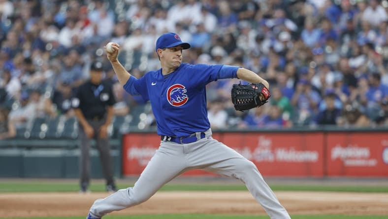 Jul 25, 2023; Chicago, Illinois, USA; Chicago Cubs starting pitcher Kyle Hendricks (28) delivers a pitch against the Chicago White Sox during the first inning at Guaranteed Rate Field. Mandatory Credit: Kamil Krzaczynski-USA TODAY Sports