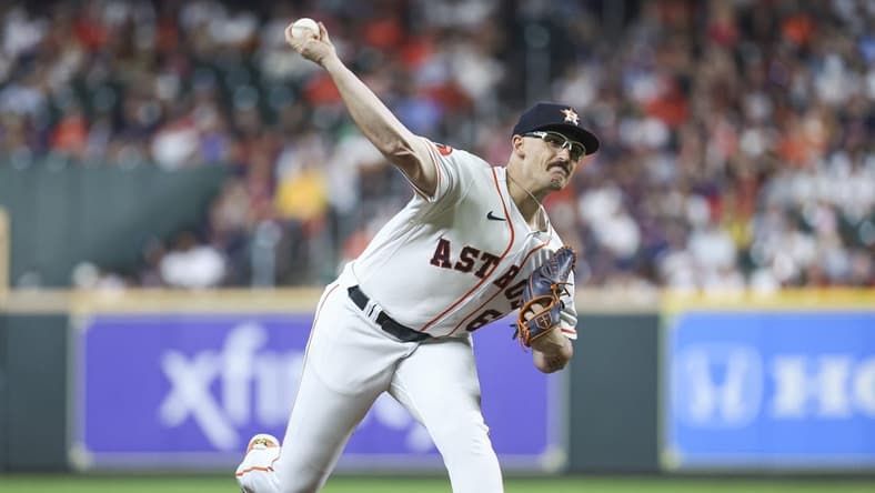 Jul 25, 2023; Houston, Texas, USA; Houston Astros starting pitcher J.P. France (68) delivers a pitch during the third inning against the Texas Rangers at Minute Maid Park. Mandatory Credit: Troy Taormina-USA TODAY Sports
