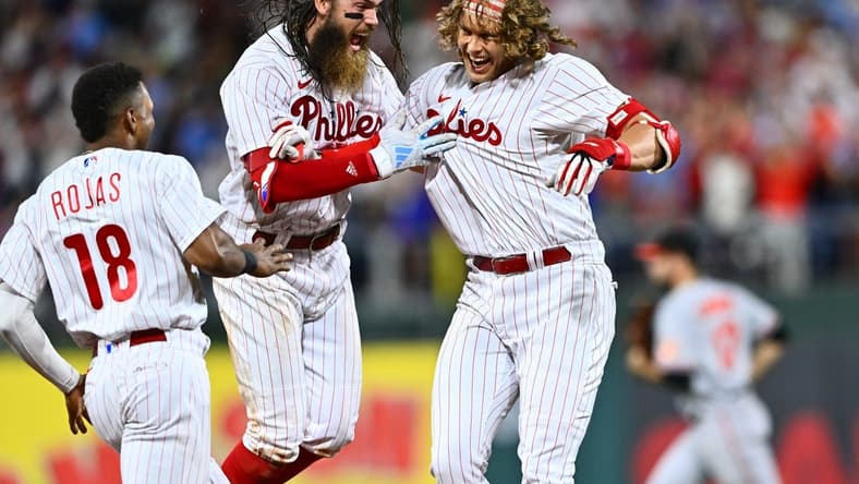 Jul 25, 2023; Philadelphia, Pennsylvania, USA; Philadelphia Phillies infielder Alec Bohm (28) celebrates with outfielder Brandon Marsh (16) after hitting a game-winning RBI single against the Baltimore Orioles in the ninth inning at Citizens Bank Park. Mandatory Credit: Kyle Ross-USA TODAY Sports