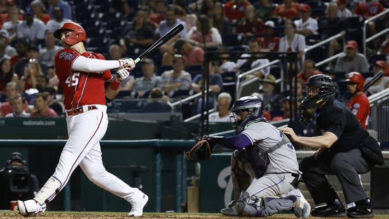 Jul 25, 2023; Washington, District of Columbia, USA; Washington Nationals designated hitter Joey Meneses (45) doubled against the Colorado Rockies during the fourth inning at Nationals Park. Mandatory Credit: Geoff Burke-USA TODAY Sports
