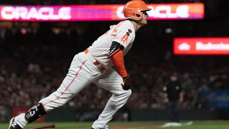Jul 25, 2023; San Francisco, California, USA; San Francisco Giants center fielder Mike Yastrzemski (5) runs to first base during the eighth inning against the Oakland Athletics at Oracle Park. Mandatory Credit: Stan Szeto-USA TODAY Sports