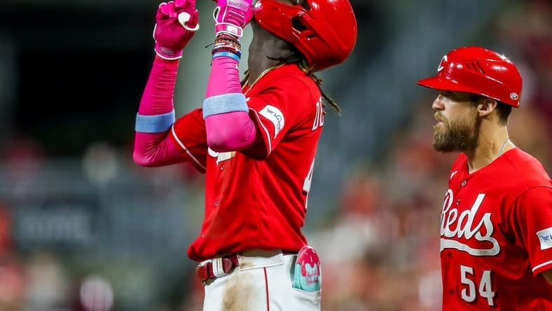 Jul 18, 2023; Cincinnati, Ohio, USA; Cincinnati Reds shortstop Elly De La Cruz (44) reacts after hitting a single in the fifth inning against the San Francisco Giants at Great American Ball Park. Mandatory Credit: Katie Stratman-USA TODAY Sports