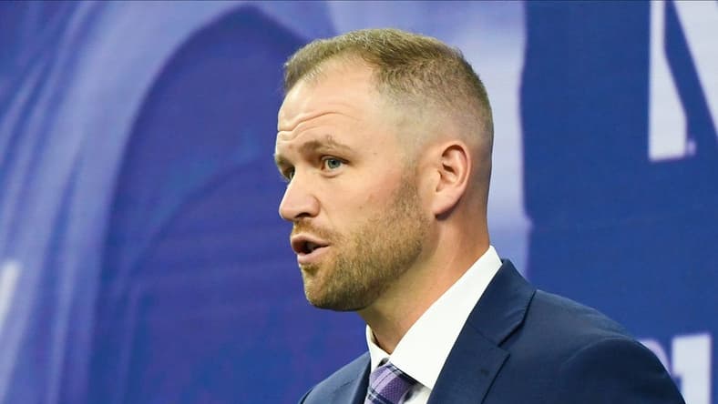 Jul 26, 2023; Indianapolis, IN, USA; Northwestern Wildcats interim head coach David Braun speaks to the media during the Big 10 football media day at Lucas Oil Stadium. Mandatory Credit: Robert Goddin-USA TODAY Sports