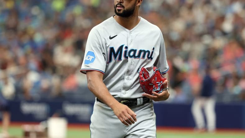 Jul 26, 2023; St. Petersburg, Florida, USA; Miami Marlins starting pitcher Sandy Alcantara (22) walks back to the dugout against the Tampa Bay Rays at the end of the third inning  at Tropicana Field. Mandatory Credit: Kim Klement-USA TODAY Sports