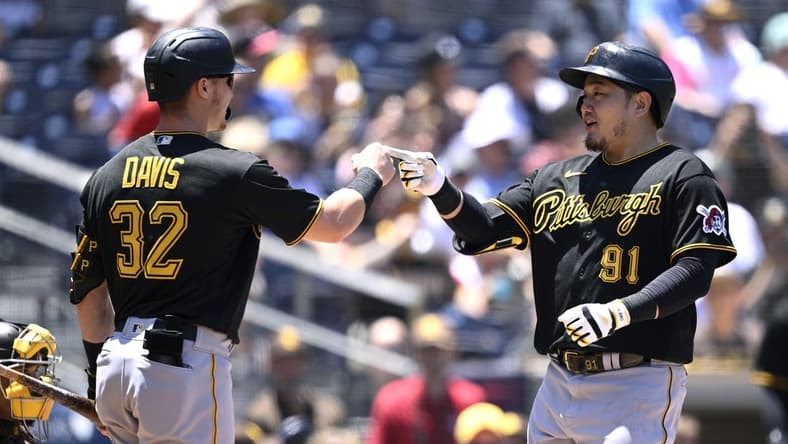 Jul 26, 2023; San Diego, California, USA; Pittsburgh Pirates first baseman Ji-Man Choi (91) is congratulated by right fielder Henry Davis (32) after hitting a home run against the San Diego Padres during the second inning at Petco Park. Mandatory Credit: Orlando Ramirez-USA TODAY Sports