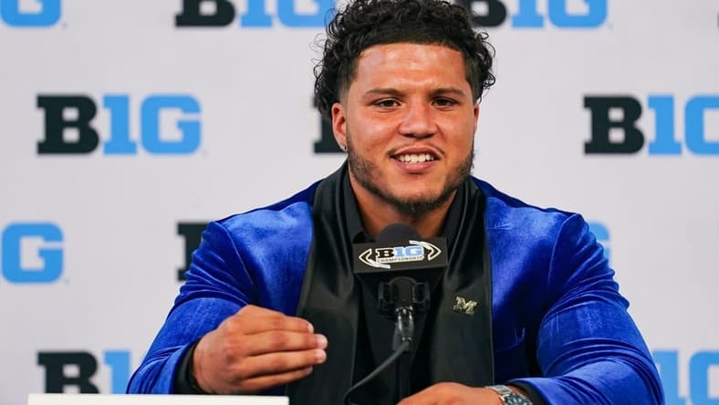 Jul 27, 2023; Indianapolis, IN, USA; Michigan Wolverines running back Blake Corum speaks to the media during the Big 10 football media day at Lucas Oil Stadium. Mandatory Credit: Robert Goddin-USA TODAY Sports