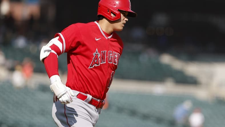 Jul 27, 2023; Detroit, Michigan, USA; Los Angeles Angels starting pitcher Shohei Ohtani (17) runs the bases after he hits a home run in the fourth inning against the Detroit Tigers at Comerica Park. Mandatory Credit: Rick Osentoski-USA TODAY Sports