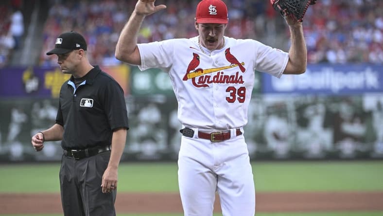 Jul 27, 2023; St. Louis, Missouri, USA; St. Louis Cardinals starting pitcher Miles Mikolas (39) reacts after being ejected in a game against the Chicago Cubs in the first inning at Busch Stadium. Mandatory Credit: Joe Puetz-USA TODAY Sports