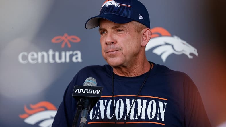 Jul 28, 2023; Englewood, CO, USA; Denver Broncos head coach Sean Payton dresses the media after training camp at Centura Health Training Center. Mandatory Credit: Isaiah J. Downing-USA TODAY Sports