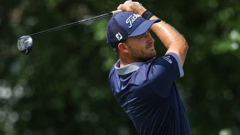 Jul 28, 2023; Blaine, Minnesota, USA; Lee Hodges hits his tee shot on the fifth hole during the second round of the 3M Open golf tournament. Mandatory Credit: Matt Krohn-USA TODAY Sports