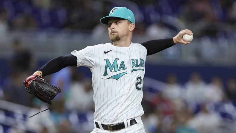 Jul 28, 2023; Miami, Florida, USA; Miami Marlins starting pitcher Braxton Garrett (29) delivers a pitch against the Detroit Tigers during the first inning at loanDepot Park. Mandatory Credit: Sam Navarro-USA TODAY Sports