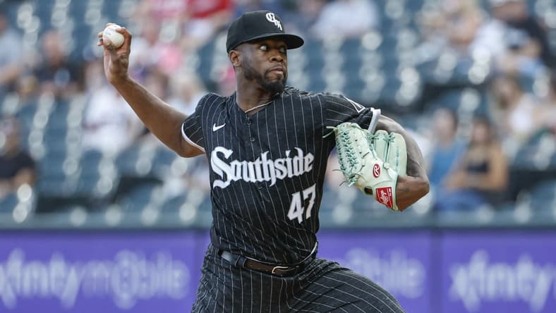 Jul 28, 2023; Chicago, Illinois, USA; Chicago White Sox starting pitcher Touki Toussaint (47) delivers a pitch against the Cleveland Guardians during the first inning at Guaranteed Rate Field. Mandatory Credit: Kamil Krzaczynski-USA TODAY Sports