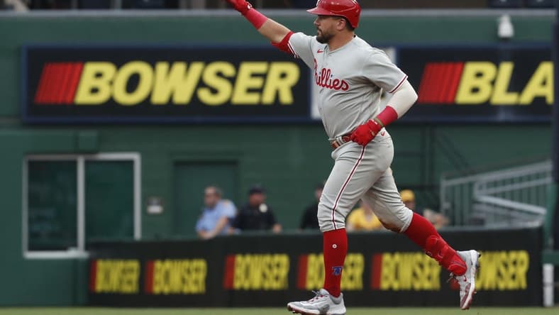 Jul 28, 2023; Pittsburgh, Pennsylvania, USA; Philadelphia Phillies designated hitter Kyle Schwarber (12) reacts as he circles the bases on a two run home run against the Pittsburgh Pirates during the third inning at PNC Park. Mandatory Credit: Charles LeClaire-USA TODAY Sports