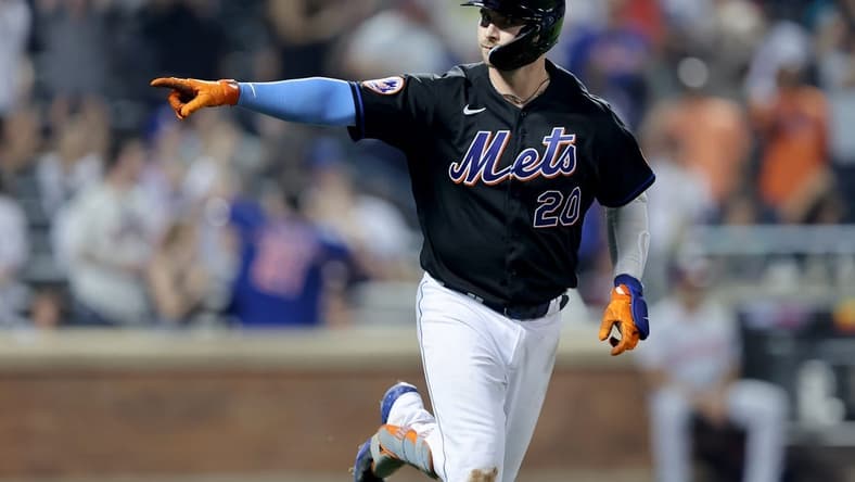 Jul 28, 2023; New York City, New York, USA; New York Mets first baseman Pete Alonso (20) reacts after hitting a three run home run against the Washington Nationals during the fifth inning at Citi Field. Mandatory Credit: Brad Penner-USA TODAY Sports