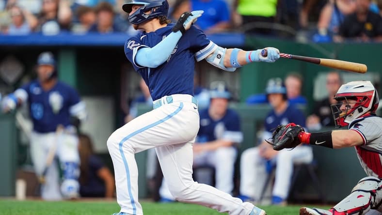 Jul 28, 2023; Kansas City, Missouri, USA; Kansas City Royals shortstop Bobby Witt Jr. (7) hits a single against the Minnesota Twins during the first inning at Kauffman Stadium. Mandatory Credit: Jay Biggerstaff-USA TODAY Sports