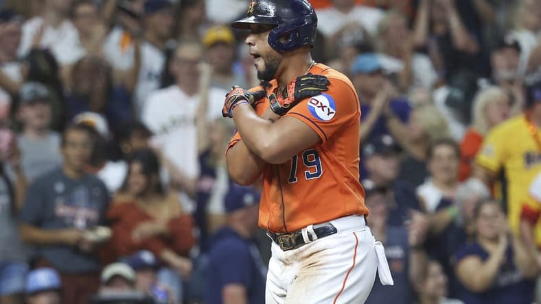 Jul 28, 2023; Houston, Texas, USA; Houston Astros first baseman Jose Abreu (79) react after hitting a home run during the fourth inning against the Tampa Bay Rays at Minute Maid Park. Mandatory Credit: Troy Taormina-USA TODAY Sports
