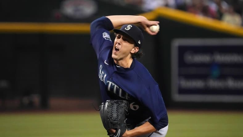 Jul 28, 2023; Phoenix, Arizona, USA; Seattle Mariners starting pitcher Logan Gilbert (36) pitches against the Arizona Diamondbacks during the first inning at Chase Field. Mandatory Credit: Joe Camporeale-USA TODAY Sports