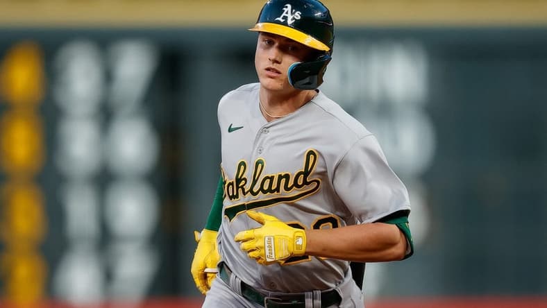 Jul 28, 2023; Denver, Colorado, USA; Oakland Athletics second baseman Zack Gelof (20) rounds the bases on a two run home run in the fifth inning against the Colorado Rockies at Coors Field. Mandatory Credit: Isaiah J. Downing-USA TODAY Sports