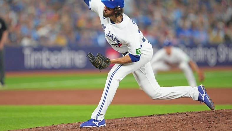 Jul 28, 2023; Toronto, Ontario, CAN; Toronto Blue Jays relief pitcher Jordan Romano (68) throws a pitch against the Los Angeles Angels during the ninth inning at Rogers Centre. Mandatory Credit: Nick Turchiaro-USA TODAY Sports