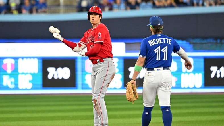 Jul 29, 2023; Toronto, Ontario, CAN; Los Angeles Angels designated hitter Shohei Ohtani (17) reacts after hitting a double against the Toronto Blue Jays in the third inning at Rogers Centre. Mandatory Credit: Dan Hamilton-USA TODAY Sports
