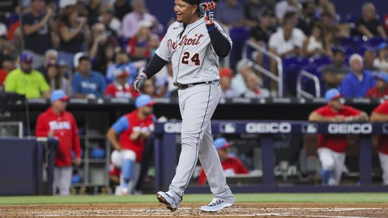 Jul 29, 2023; Miami, Florida, USA; Detroit Tigers designated hitter Miguel Cabrera (24) reacts after crossing home plate against the Miami Marlins during the second inning at loanDepot Park. Mandatory Credit: Sam Navarro-USA TODAY Sports