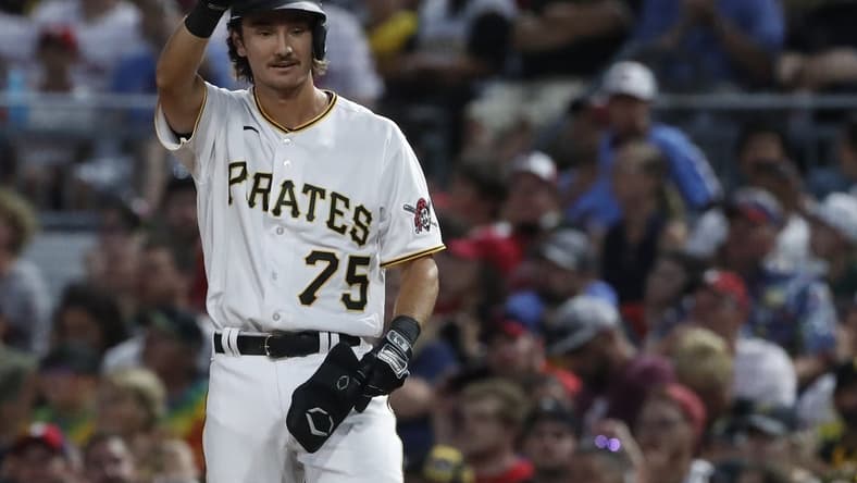 Jul 29, 2023; Pittsburgh, Pennsylvania, USA; Pittsburgh Pirates shortstop Alika Williams (75) reacts after hitting single for his first career MLB hit against the Philadelphia Phillies during the fifth inning at PNC Park. Mandatory Credit: Charles LeClaire-USA TODAY Sports