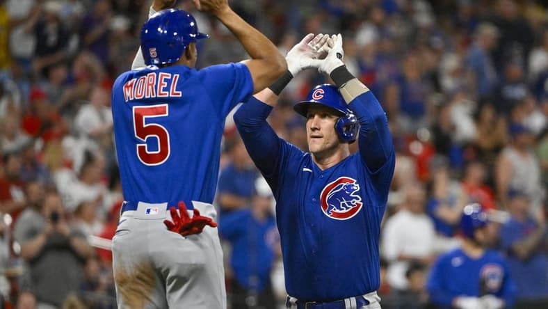 Jul 29, 2023; St. Louis, Missouri, USA; Chicago Cubs catcher Yan Gomes (15) celebrates with designated hitter Christopher Morel (5) after hitting a two run home run against the St. Louis Cardinals during the fourth inning at Busch Stadium. Mandatory Credit: Jeff Curry-USA TODAY Sports