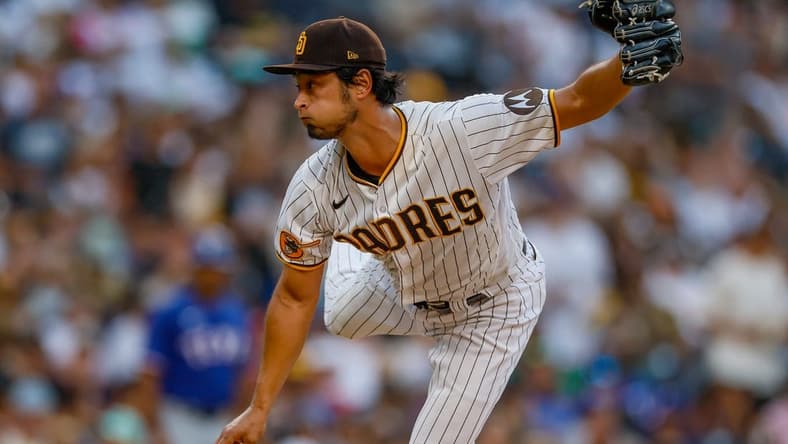 Jul 29, 2023; San Diego, California, USA;  San Diego Padres starting pitcher Yu Darvish (11) throws a pitch during the sixth inning against the Texas Rangers at Petco Park. Mandatory Credit: David Frerker-USA TODAY Sports