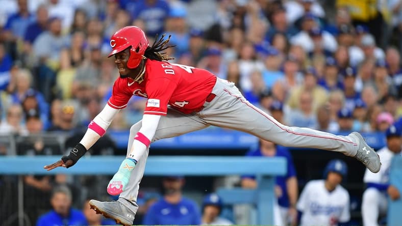 Jul 29, 2023; Los Angeles, California, USA;Cincinnati Reds shortstop Elly De La Cruz (44) runs home to score against the Los Angeles Dodgers during the sixth inning at Dodger Stadium. Mandatory Credit: Gary A. Vasquez-USA TODAY Sports