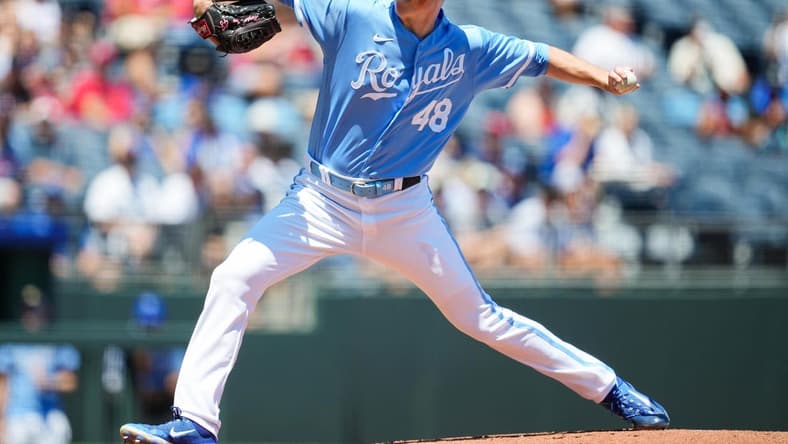 Jul 30, 2023; Kansas City, Missouri, USA; Kansas City Royals starting pitcher Ryan Yarbrough (48) pitches during the first inning against the Minnesota Twins at Kauffman Stadium. Mandatory Credit: Jay Biggerstaff-USA TODAY Sports