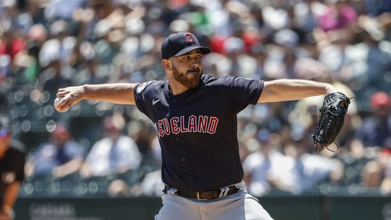 Jul 30, 2023; Chicago, Illinois, USA; Cleveland Guardians starting pitcher Aaron Civale (43) delivers a pitch against the Chicago White Sox during the first inning at Guaranteed Rate Field. Mandatory Credit: Kamil Krzaczynski-USA TODAY Sports