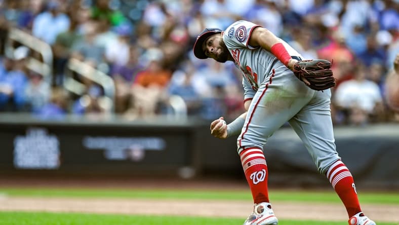 Jul 30, 2023; New York City, New York, USA; Washington Nationals second baseman Luis Garcia (2) fields a ground ball by New York Mets center fielder Brandon Nimmo (not pictured) but is unable to make a play during the eighth inning at Citi Field. Mandatory Credit: John Jones-USA TODAY Sports