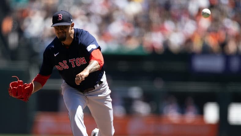 Jul 30, 2023; San Francisco, California, USA; Boston Red Sox starting pitcher Brennan Bernardino (83) delivers a pitch against the San Francisco Giants during the first inning at Oracle Park. Mandatory Credit: D. Ross Cameron-USA TODAY Sports