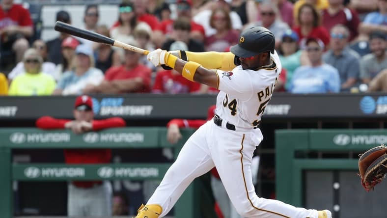 Jul 30, 2023; Pittsburgh, Pennsylvania, USA; Pittsburgh Pirates center fielder Josh Palacios (54) hits a game winning two run home run against the Philadelphia Phillies during the tenth inning at PNC Park. Mandatory Credit: Charles LeClaire-USA TODAY Sports
