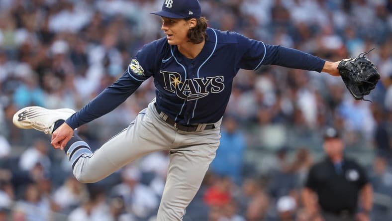 Jul 31, 2023; Bronx, New York, USA; Tampa Bay Rays starting pitcher Tyler Glasnow (20) delivers a pitch during the first inning against the New York Yankees at Yankee Stadium. Mandatory Credit: Vincent Carchietta-USA TODAY Sports