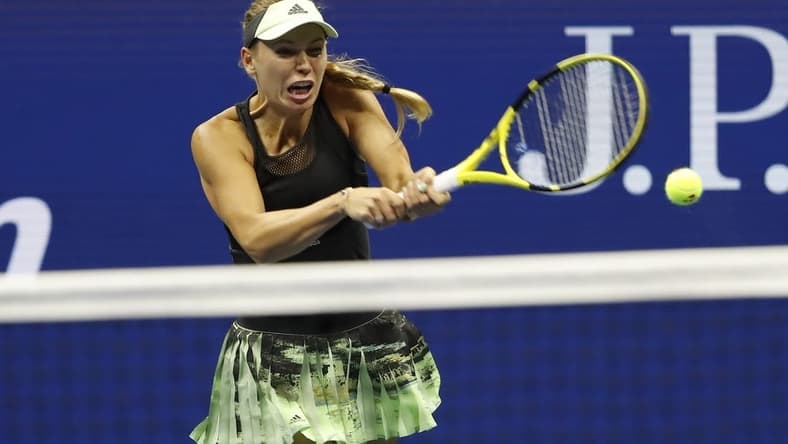 Aug 29, 2019; Flushing, NY, USA; Caroline Wozniacki of Denmark hits a backhand against Danielle Collins of the United States (not pictured) in the second round on day four of the 2019 U.S. Open tennis tournament at USTA Billie Jean King National Tennis Center. Mandatory Credit: Geoff Burke-USA TODAY Sports