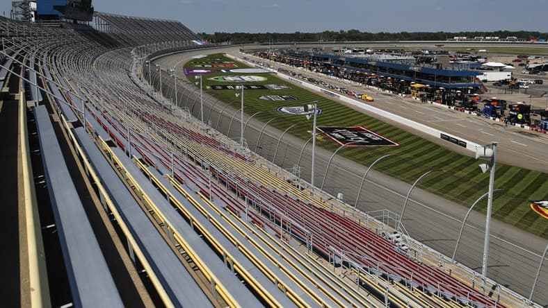 Aug 8, 2020; Brooklyn, Michigan, USA; A view from atop the empty bleachers looking down the front stretch before the NASCAR Cup Series race at Michigan International Speedway. Mandatory Credit: Raj Mehta-USA TODAY Sports