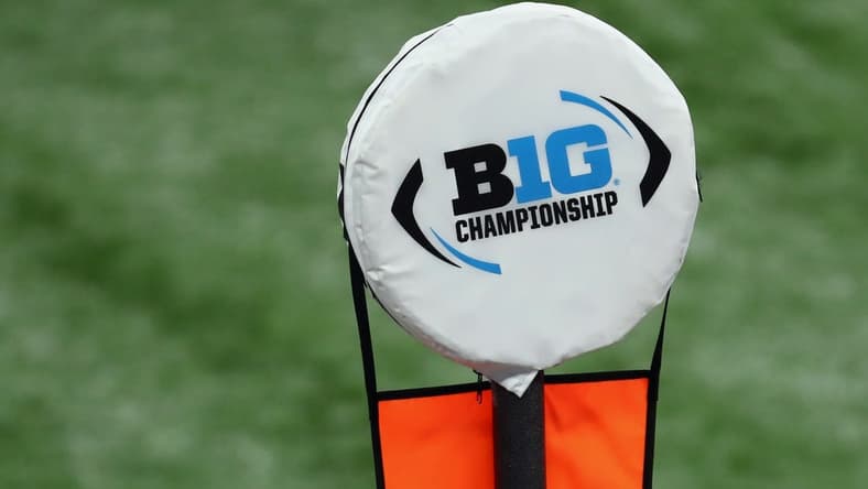 Dec 19, 2020; Indianapolis, Indiana, USA; A Big 10 Championship logo is seen atop a yardage marker during the first half between the Ohio State Buckeyes and the Northwestern Wildcats at Lucas Oil Stadium. Mandatory Credit: Aaron Doster-USA TODAY Sports