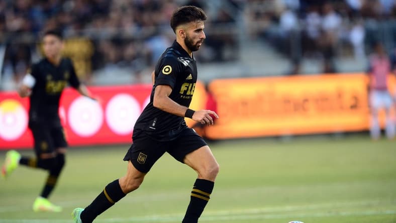 Aug 28, 2021; Los Angeles, CA, Los Angeles, CA, USA; Los Angeles FC forward Diego Rossi (9) moves the ball against the Los Angeles Galaxy during the second half at Banc of California Stadium. Mandatory Credit: Gary A. Vasquez-USA TODAY Sports