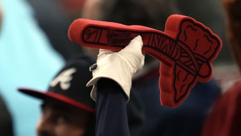 Oct 31, 2021; Atlanta, Georgia, USA; Atlanta Braves fans do the Tomahawk Chop during the eighth inning of game five of the 2021 World Series against the Houston Astros at Truist Park. Mandatory Credit: Dale Zanine-USA TODAY Sports