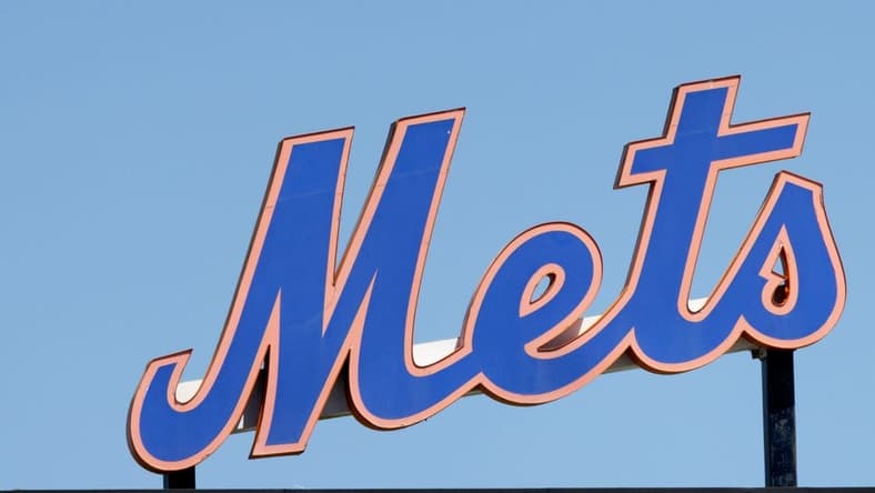 Mar 26, 2022; Port St. Lucie, Florida, USA;  The New York Mets logo stands in center field before the game against the Washington Nationals at Clover Park. Mandatory Credit: Reinhold Matay-USA TODAY Sports