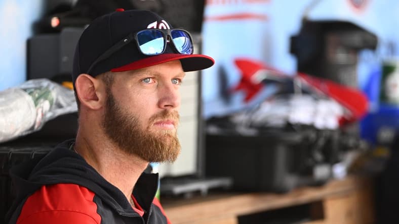 May 28, 2022; Washington, District of Columbia, USA; Washington Nationals pitcher Stephen Strasburg in the dugout against the Colorado Rockies during the second inning at Nationals Park. Mandatory Credit: Brad Mills-USA TODAY Sports