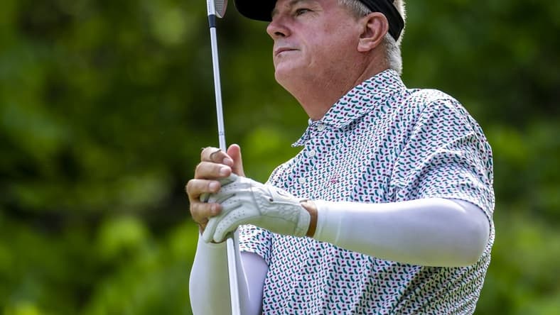 May 29, 2022; Benton Harbor, Michigan, USA; Paul Goydos hits his tee shot on the thirteenth hole during the final round of the 2022 KitchenAid Senior PGA Championship at Harbor Shores. Mandatory Credit: Raj Mehta-USA TODAY Sports