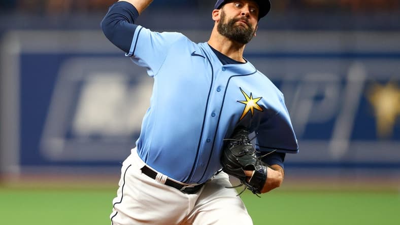 Jun 5, 2022; St. Petersburg, Florida, USA;  Tampa Bay Rays pitcher Andrew Kittredge (36) throws a pitch against the Chicago White Sox in the ninth inning at Tropicana Field. Mandatory Credit: Nathan Ray Seebeck-USA TODAY Sports